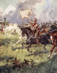 有名な戦いのバラード、初版、1920年から、1,000人の騎士が真っ白な家紋の後ろに迫っている